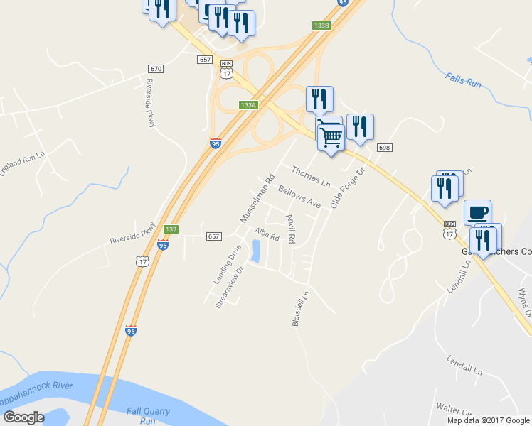 map of restaurants, bars, coffee shops, grocery stores, and more near 926 Anvil Road in Fredericksburg