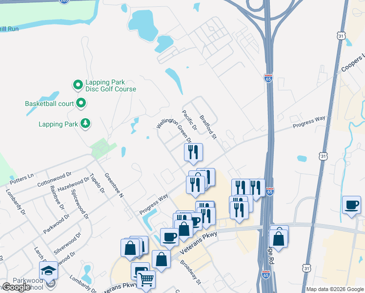 map of restaurants, bars, coffee shops, grocery stores, and more near 2330 Wellington Green Drive in Clarksville