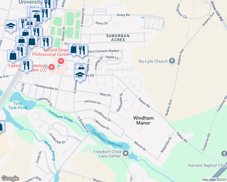map of restaurants, bars, coffee shops, grocery stores, and more near 1417 Bantry Lane in Salisbury