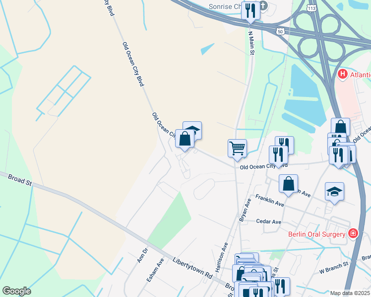 map of restaurants, bars, coffee shops, grocery stores, and more near 511 Sunlight Lane in Berlin