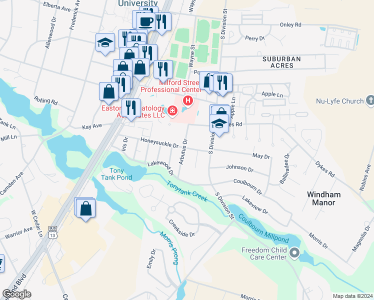 map of restaurants, bars, coffee shops, grocery stores, and more near 1501 Arbutus Drive in Salisbury