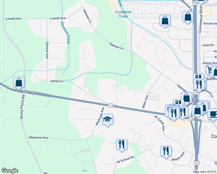 map of restaurants, bars, coffee shops, grocery stores, and more near 6087 Locust Avenue in Cotati