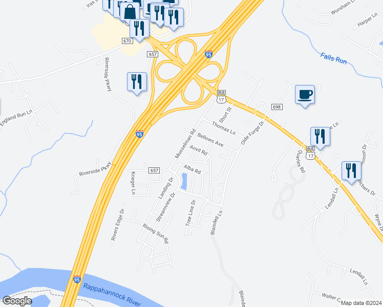 map of restaurants, bars, coffee shops, grocery stores, and more near 924 Anvil Road in Fredericksburg