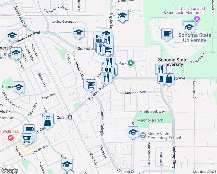 map of restaurants, bars, coffee shops, grocery stores, and more near 1245 Cloister Court in Rohnert Park