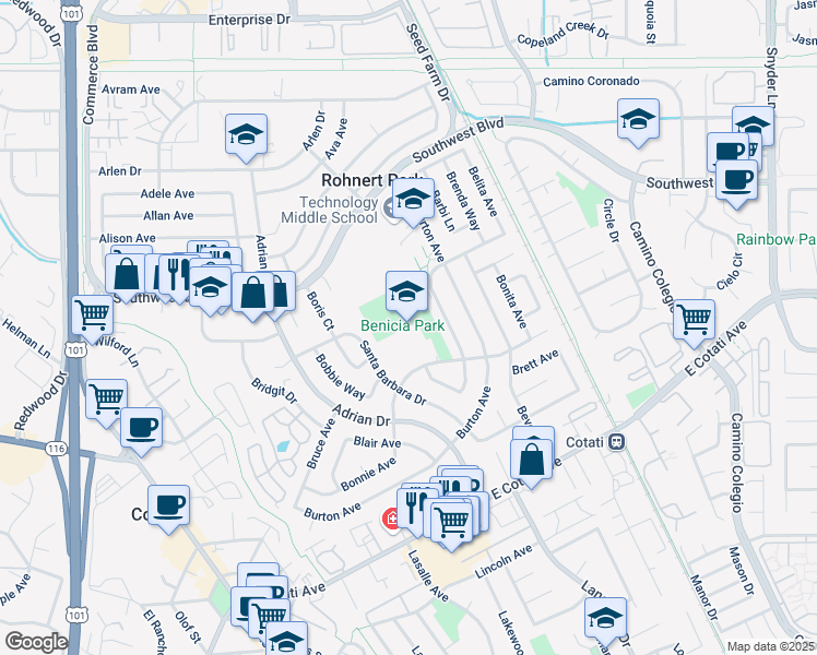 map of restaurants, bars, coffee shops, grocery stores, and more near 550 Bonnie Avenue in Rohnert Park