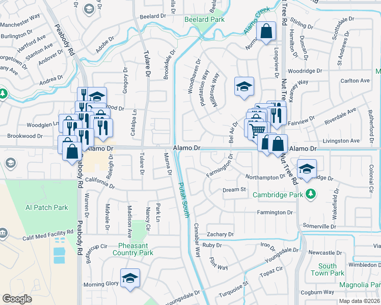 map of restaurants, bars, coffee shops, grocery stores, and more near 232 Gentry Circle in Vacaville