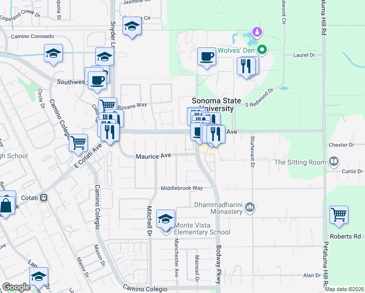 map of restaurants, bars, coffee shops, grocery stores, and more near 21 Meridian Circle in Rohnert Park