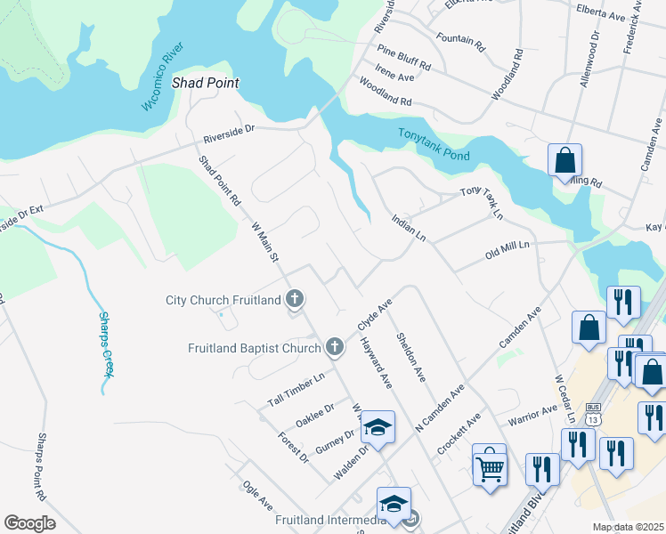 map of restaurants, bars, coffee shops, grocery stores, and more near 108 Covered Bridge Lane in Fruitland
