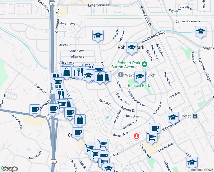 map of restaurants, bars, coffee shops, grocery stores, and more near 7300 Adrian Drive in Rohnert Park