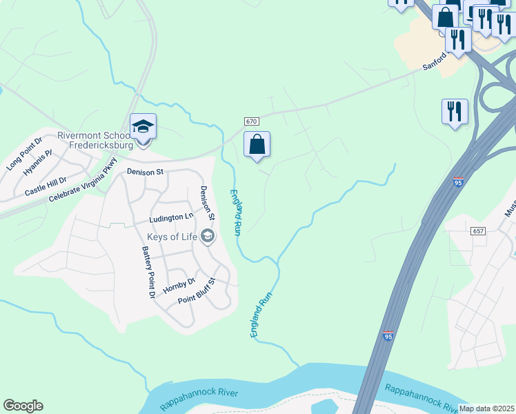 map of restaurants, bars, coffee shops, grocery stores, and more near 112 England Run Lane in Fredericksburg