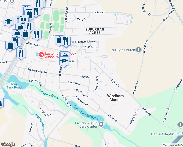 map of restaurants, bars, coffee shops, grocery stores, and more near 1417 Bantry Lane in Salisbury