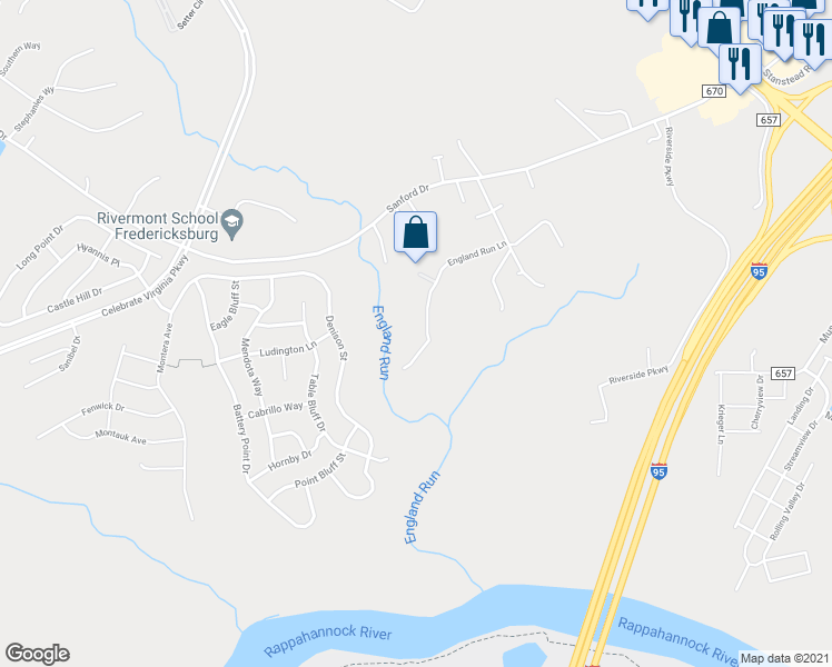 map of restaurants, bars, coffee shops, grocery stores, and more near 112 England Run Lane in Fredericksburg