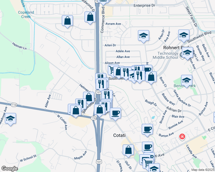 map of restaurants, bars, coffee shops, grocery stores, and more near 160 Wilford Lane in Cotati