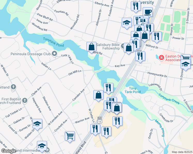map of restaurants, bars, coffee shops, grocery stores, and more near 1601 Camden Avenue in Salisbury