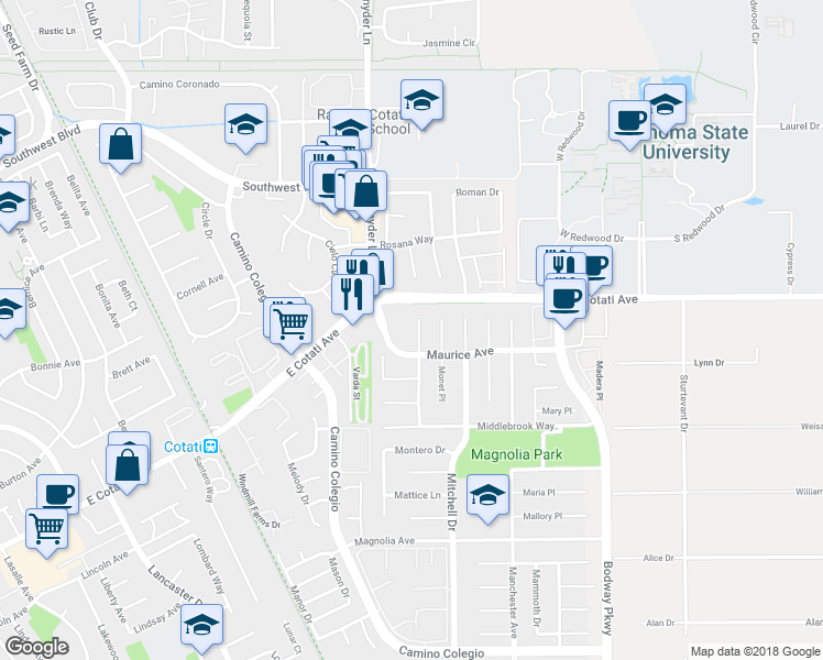 map of restaurants, bars, coffee shops, grocery stores, and more near 7473 Mercedes Way in Rohnert Park