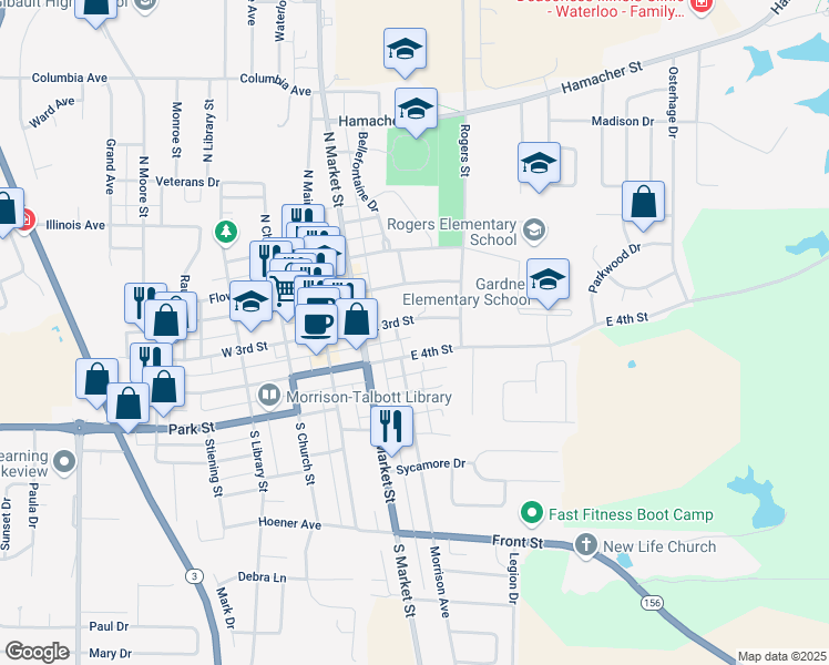 map of restaurants, bars, coffee shops, grocery stores, and more near 226 East 3rd Street in Waterloo
