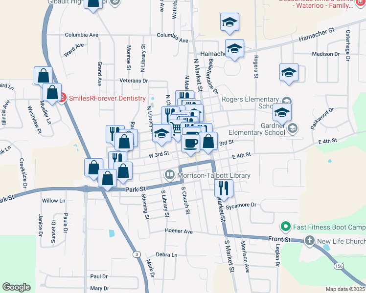 map of restaurants, bars, coffee shops, grocery stores, and more near 118 West Mill Street in Waterloo