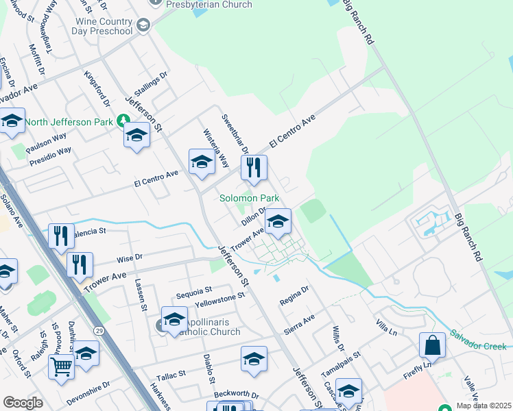 map of restaurants, bars, coffee shops, grocery stores, and more near 3926 Solomon Court in Napa