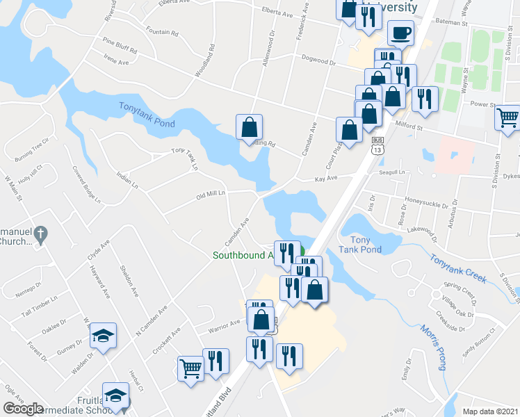 map of restaurants, bars, coffee shops, grocery stores, and more near 1601 Camden Avenue in Salisbury