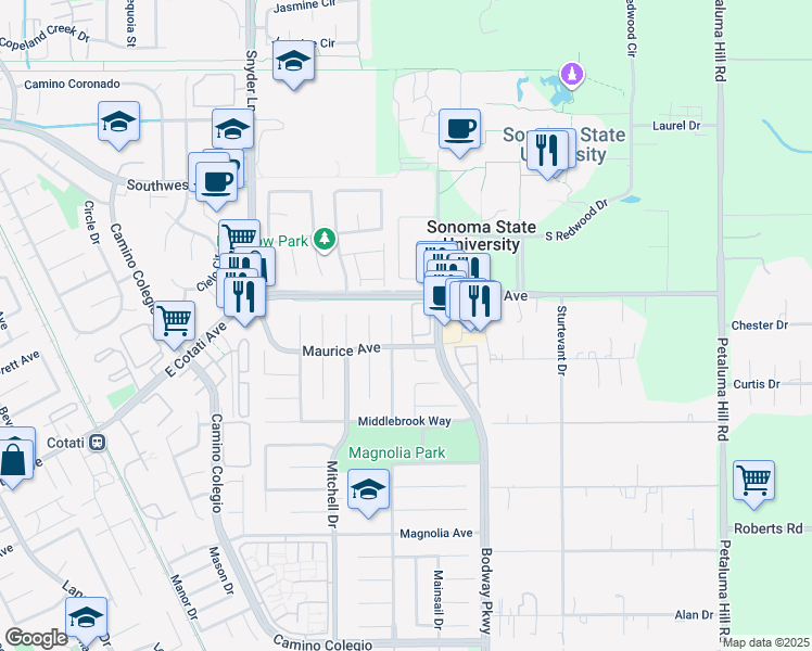 map of restaurants, bars, coffee shops, grocery stores, and more near 21 Meridian Circle in Rohnert Park