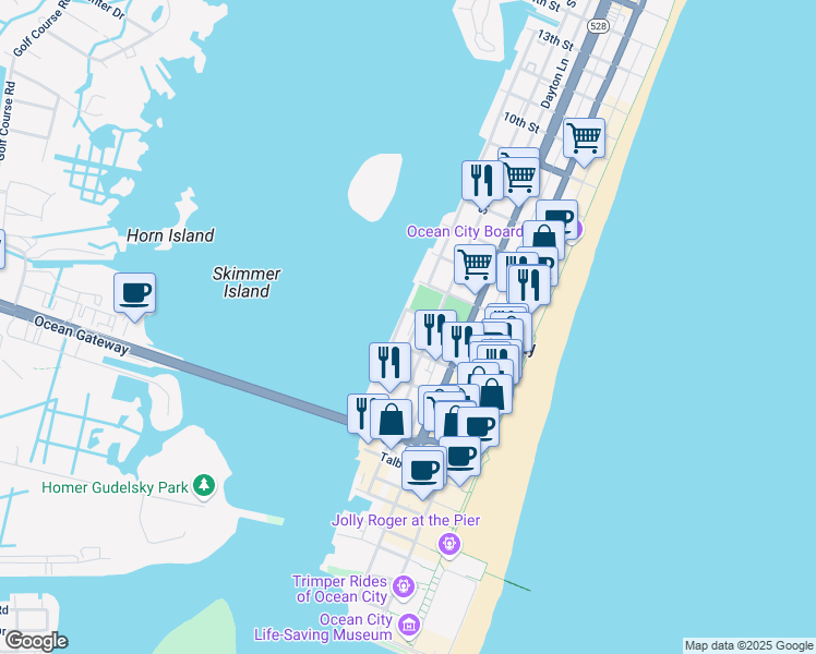 map of restaurants, bars, coffee shops, grocery stores, and more near 207 Bayview Edgewater Avenue in Ocean City
