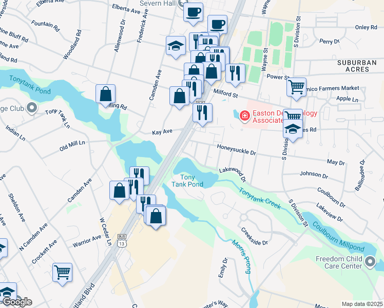 map of restaurants, bars, coffee shops, grocery stores, and more near 225 Lakewood Drive in Salisbury