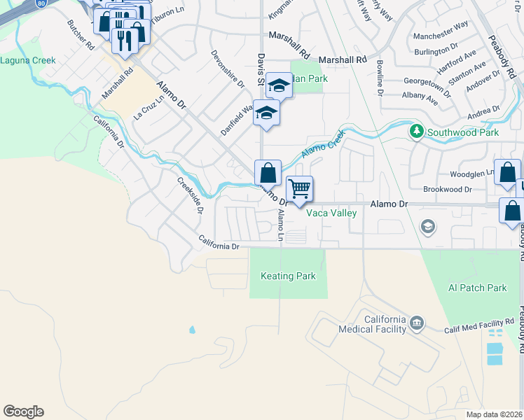 map of restaurants, bars, coffee shops, grocery stores, and more near 1460 Alamo Drive in Vacaville