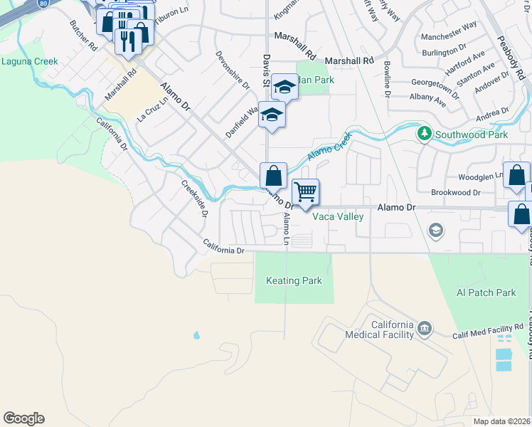 map of restaurants, bars, coffee shops, grocery stores, and more near 1460 Alamo Drive in Vacaville
