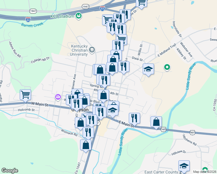 map of restaurants, bars, coffee shops, grocery stores, and more near 304 East 5th Street in Grayson