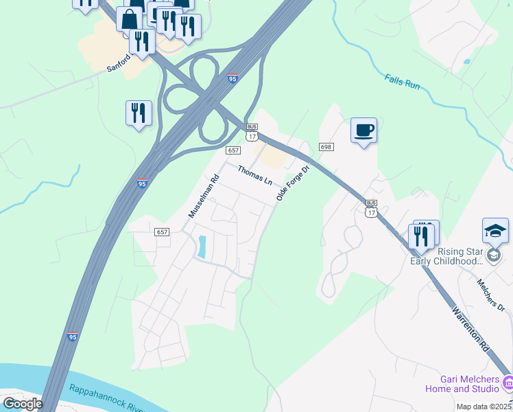 map of restaurants, bars, coffee shops, grocery stores, and more near 810 Bellows Avenue in Fredericksburg