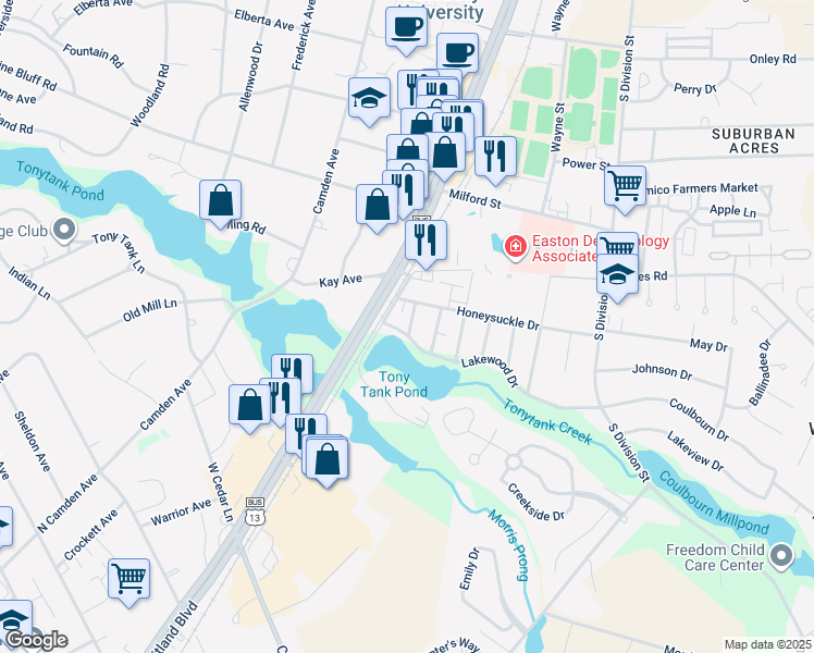 map of restaurants, bars, coffee shops, grocery stores, and more near 225 Lakewood Drive in Salisbury
