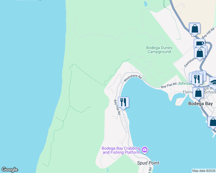 map of restaurants, bars, coffee shops, grocery stores, and more near 1836 Whaleship Road in Bodega Bay
