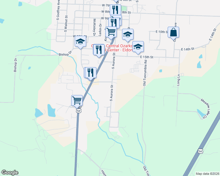 map of restaurants, bars, coffee shops, grocery stores, and more near 1701-1899 S Aurora St in Eldon