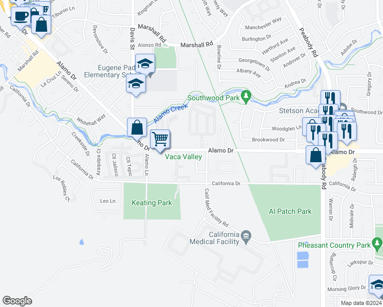 map of restaurants, bars, coffee shops, grocery stores, and more near 1566 Alamo Drive in Vacaville