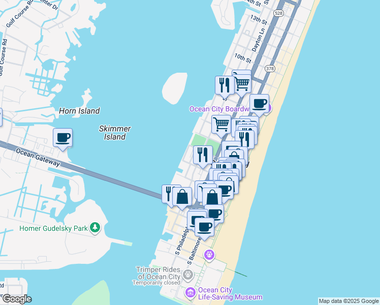 map of restaurants, bars, coffee shops, grocery stores, and more near 207 Bayview Lane in Ocean City