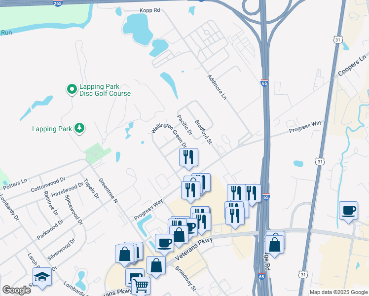 map of restaurants, bars, coffee shops, grocery stores, and more near 2330 Wellington Green Drive in Clarksville