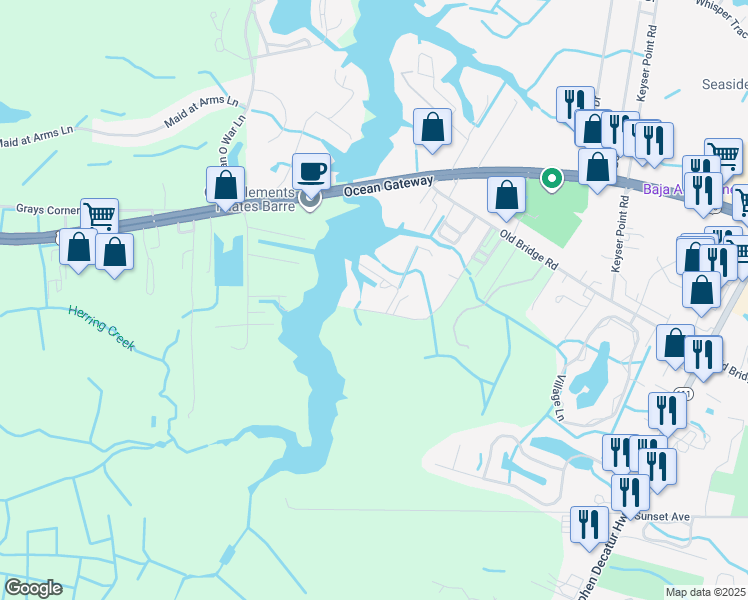 map of restaurants, bars, coffee shops, grocery stores, and more near 12239 Greenridge Lane Road in Ocean City