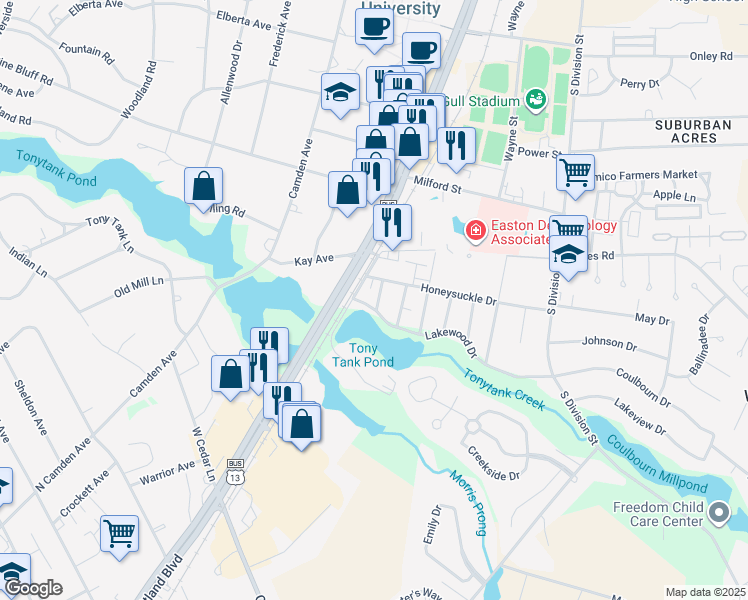 map of restaurants, bars, coffee shops, grocery stores, and more near 225 Lakewood Drive in Salisbury