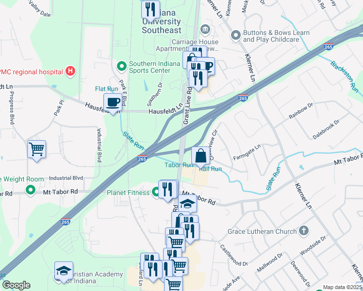 map of restaurants, bars, coffee shops, grocery stores, and more near 4233 Grant Line Road in New Albany