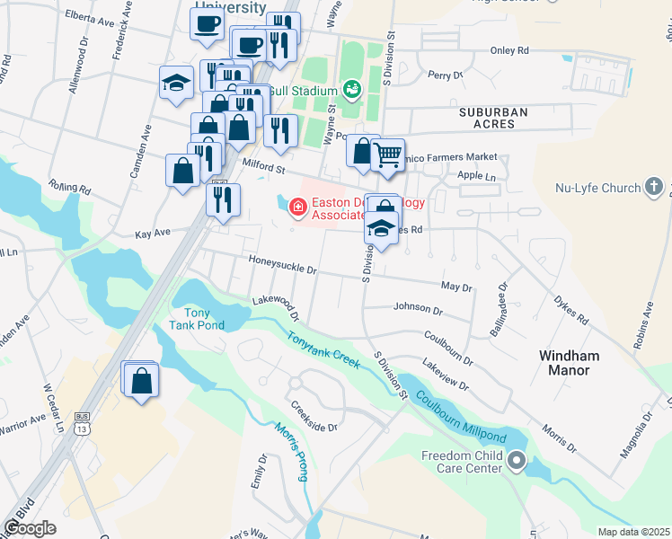 map of restaurants, bars, coffee shops, grocery stores, and more near 105 Honeysuckle Drive in Salisbury