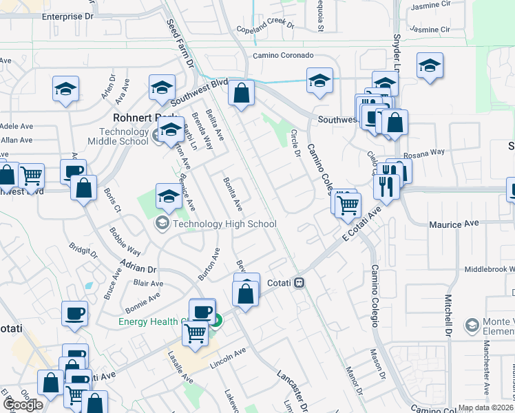 map of restaurants, bars, coffee shops, grocery stores, and more near 7684 Beth Court in Rohnert Park