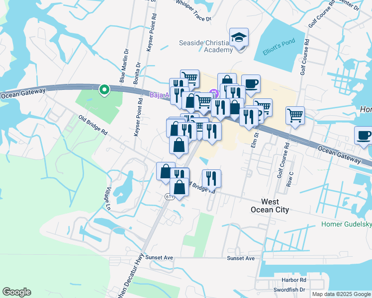 map of restaurants, bars, coffee shops, grocery stores, and more near 9921 Stephen Decatur Highway in Ocean City