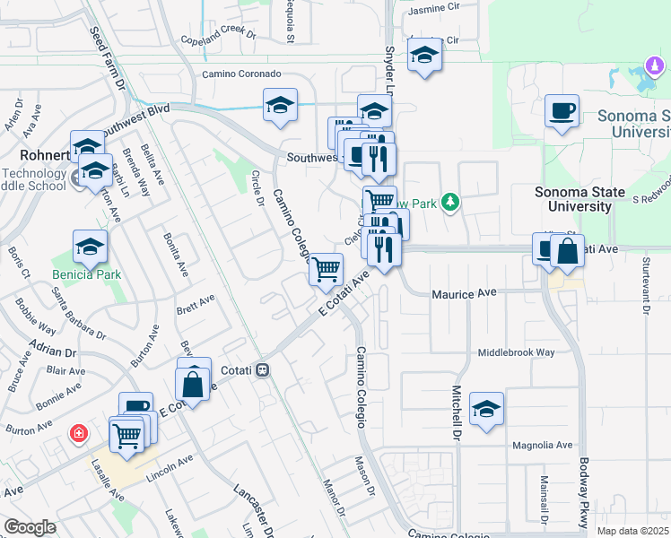 map of restaurants, bars, coffee shops, grocery stores, and more near 1227 Caridad Court in Rohnert Park