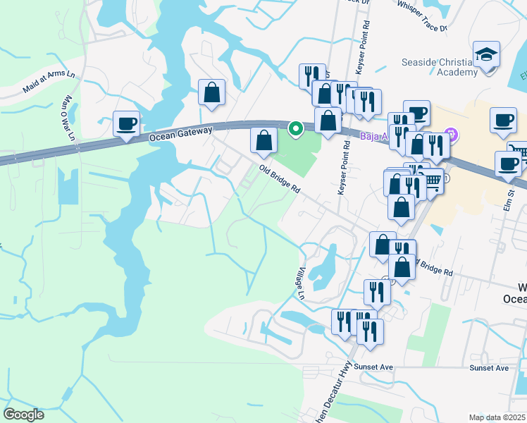 map of restaurants, bars, coffee shops, grocery stores, and more near 12430 Old Bridge Road in Ocean City
