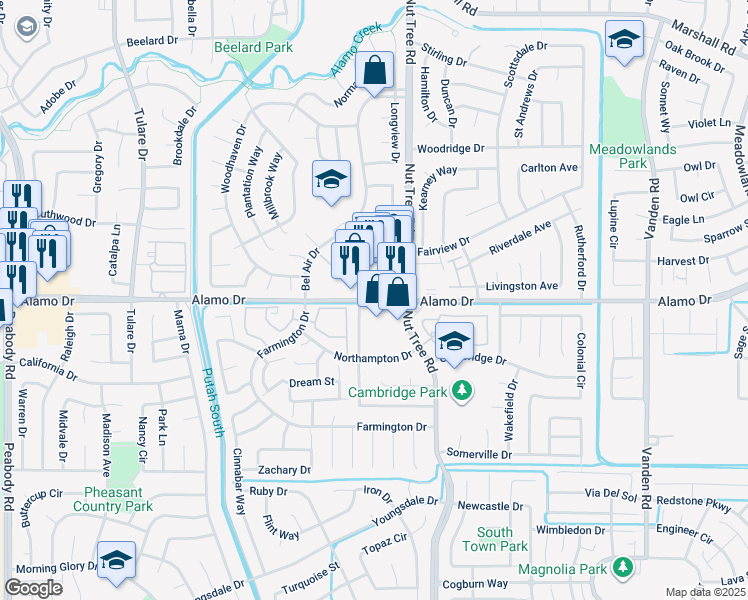 map of restaurants, bars, coffee shops, grocery stores, and more near 3069 Alamo Drive in Vacaville