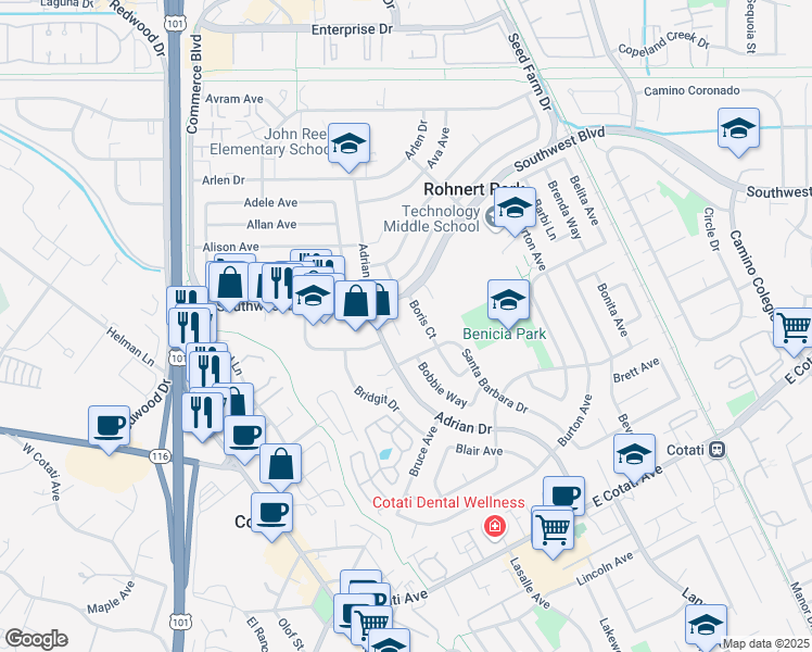 map of restaurants, bars, coffee shops, grocery stores, and more near 7300 Adrian Drive in Rohnert Park