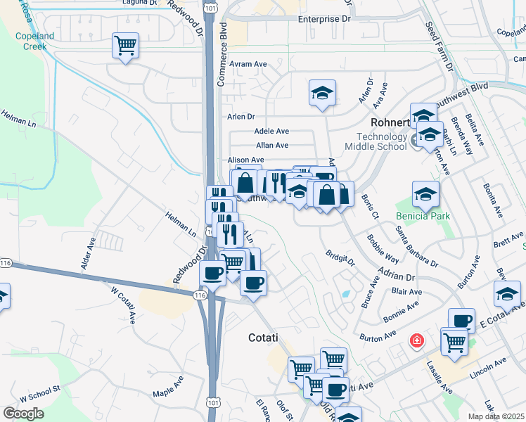 map of restaurants, bars, coffee shops, grocery stores, and more near 135 Southwest Boulevard in Rohnert Park
