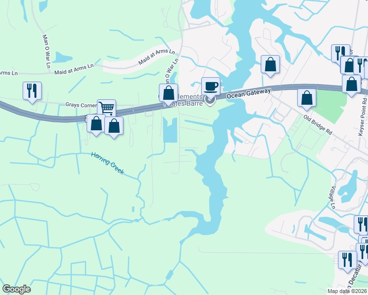 map of restaurants, bars, coffee shops, grocery stores, and more near 12106 Conch Shell Lane in Ocean City