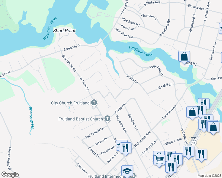map of restaurants, bars, coffee shops, grocery stores, and more near 108 Covered Bridge Lane in Fruitland