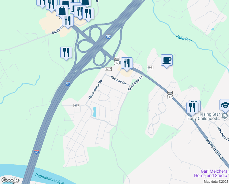 map of restaurants, bars, coffee shops, grocery stores, and more near 822 Bellows Avenue in Fredericksburg